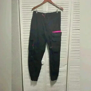 Fashion Nova Men's Black and Pink Joggers-Tracksuits Size L